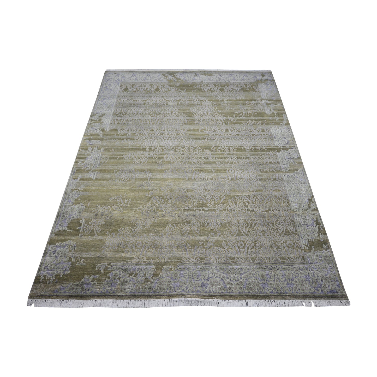 Floral Erased Olive Green and Silver Transitional Handknotted Area Rug