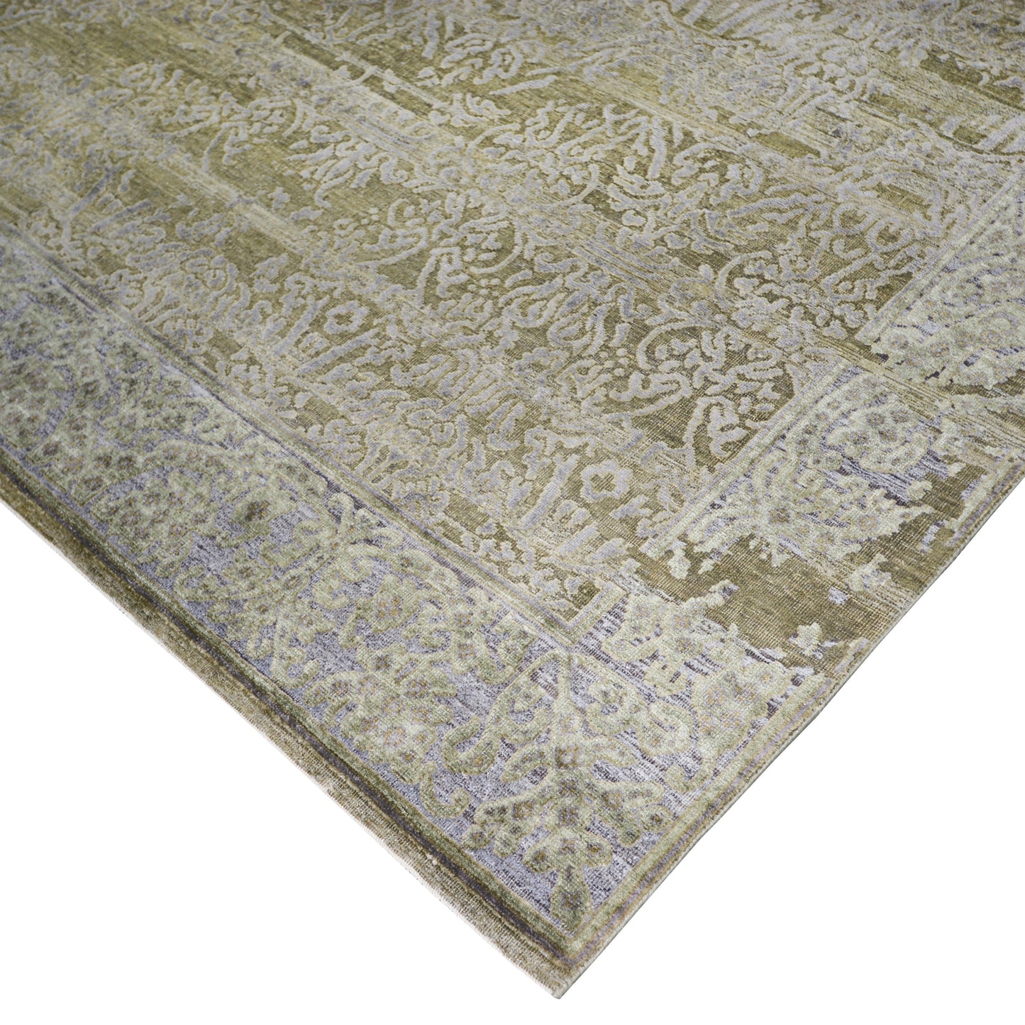 Floral Erased Olive Green and Silver Transitional Handknotted Area Rug