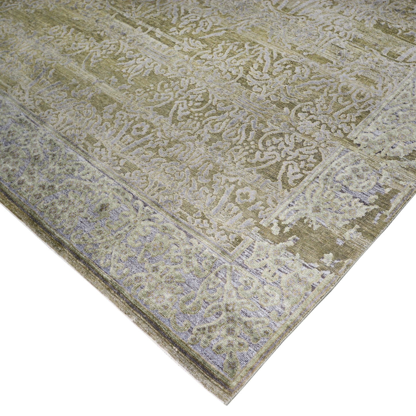 Olive Green Silver, Silk Wool Oxidized Transitional Abrash Handknotted 7.11x9.11Ft 240x303Cms Area Rug