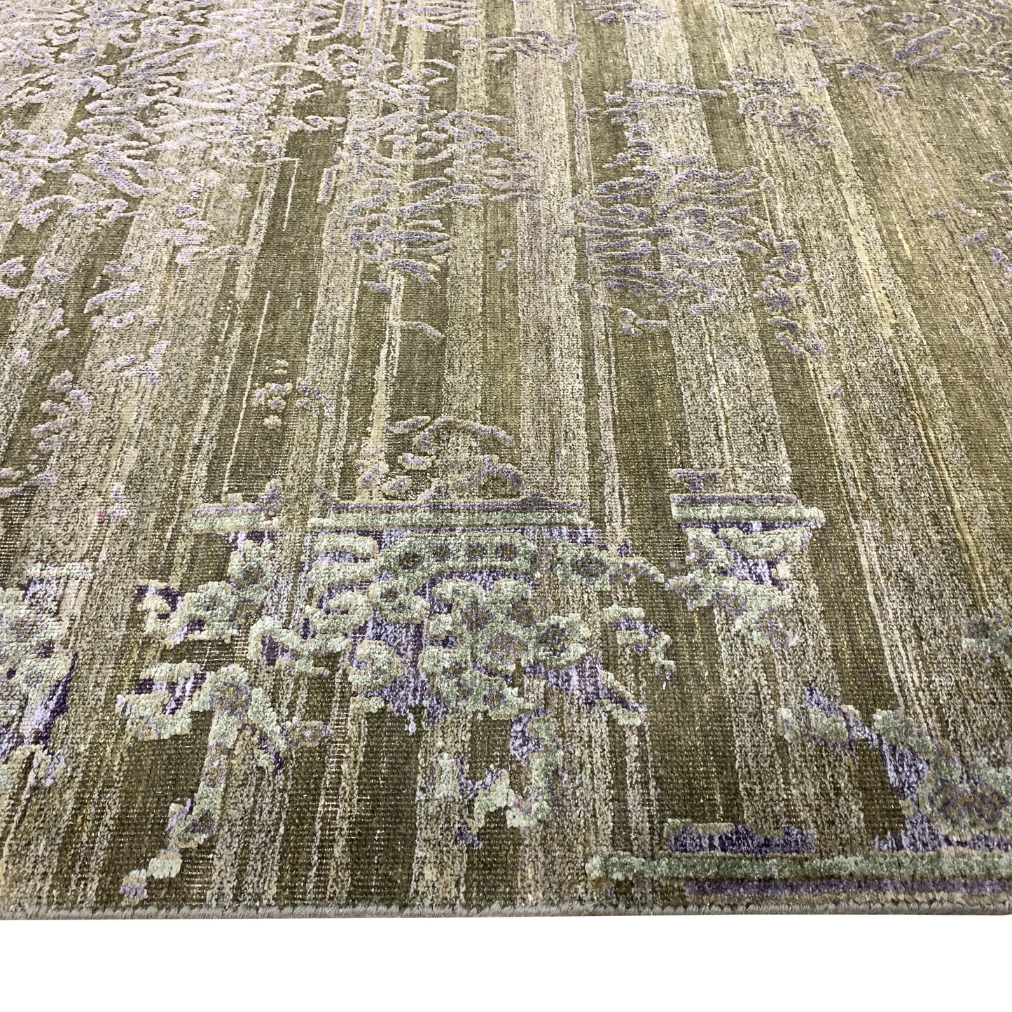 Floral Erased Olive Green and Silver Transitional Handknotted Area Rug