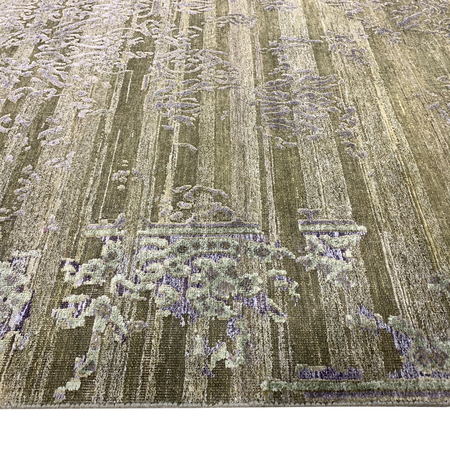 Olive Green Silver, Silk Wool Oxidized Transitional Abrash Handknotted 7.11x9.11Ft 240x303Cms Area Rug