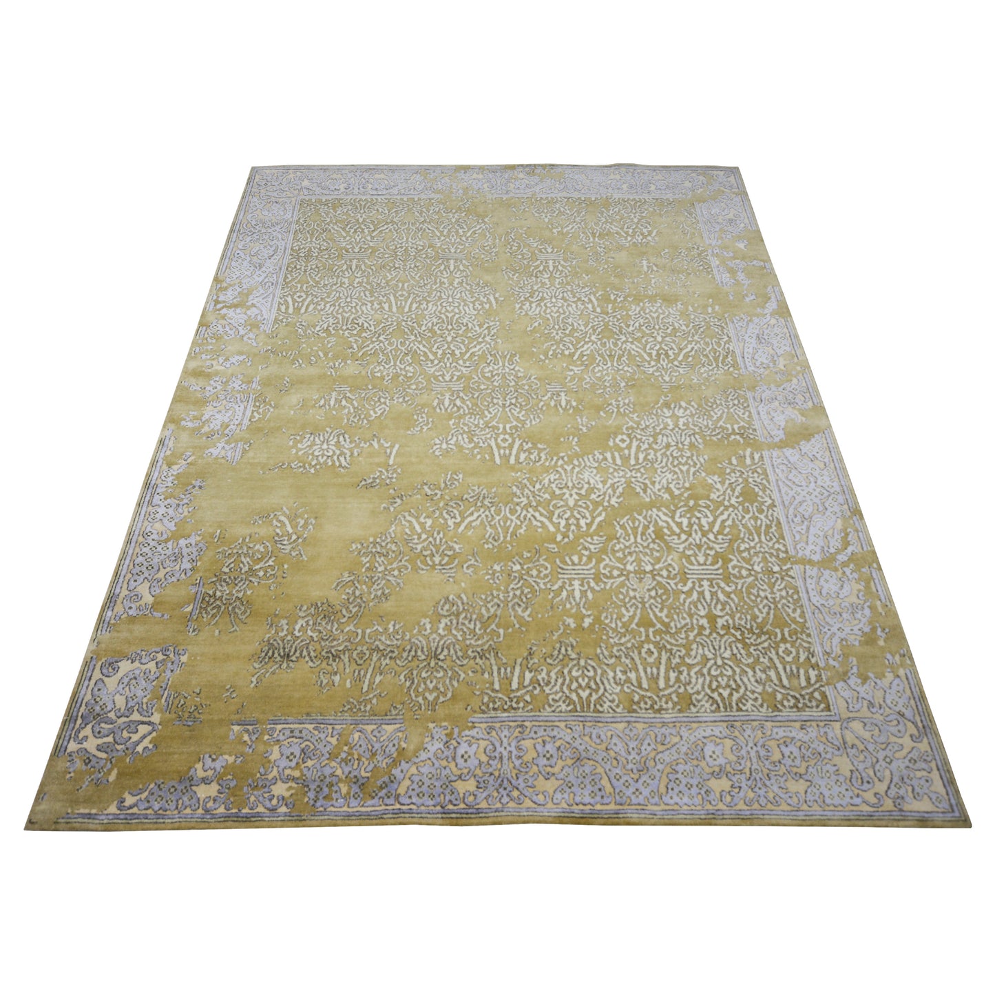 Erased Olive Green, Beige and Lavender Transitional Handknotted Area Rug