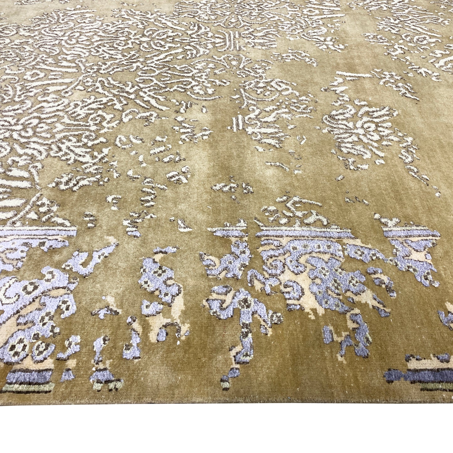 Erased Olive Green, Beige and Lavender Transitional Handknotted Area Rug