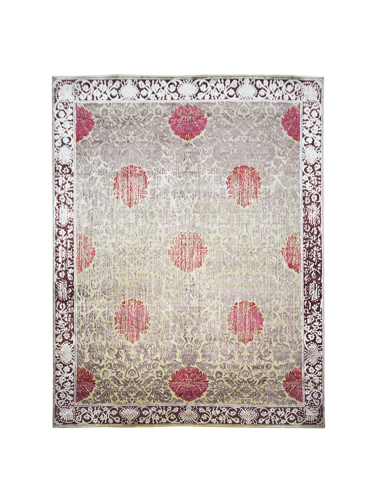 Rose Mustard Yellow and Red Floral Transitional Handknotted Area Rug