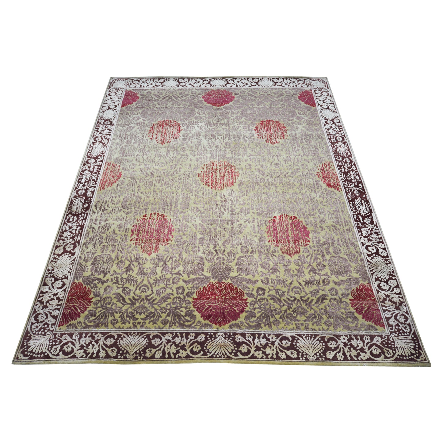 Rose Mustard Yellow and Red Floral Transitional Handknotted Area Rug