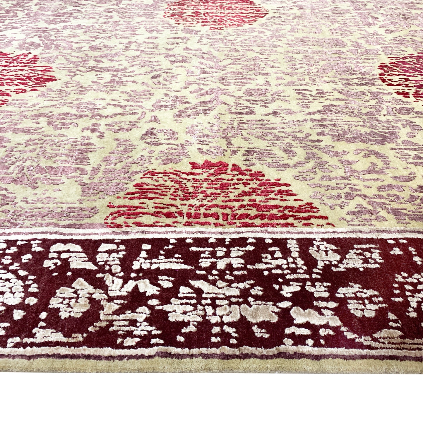 Rose Mustard Yellow and Red Floral Transitional Handknotted Area Rug