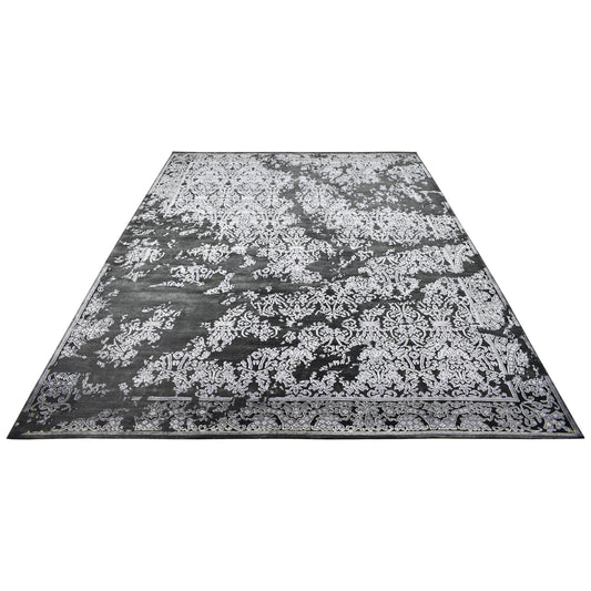 Erased Black, Silver and Grey Transitional Silk and Wool Handknotted 9.2x12.3Ft 278x374Cms Area Rug