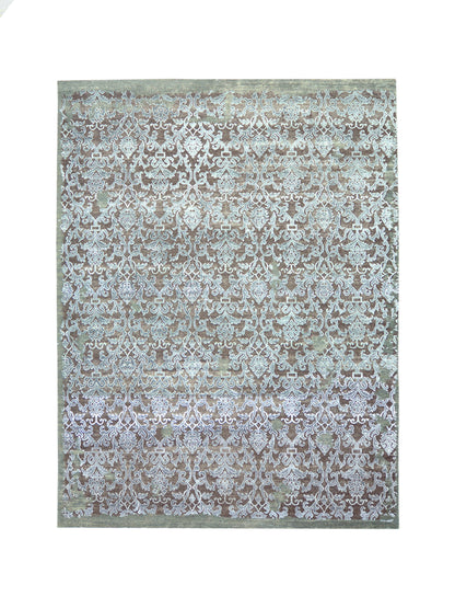 Camel, Grey Silk and Wool Transitional Damask Handknotted Area Rug