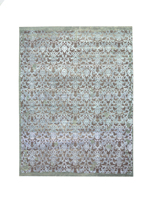 Camel, Grey Silk and Wool Transitional Damask Handknotted Area Rug