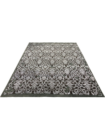 Camel, Grey Silk and Wool Transitional Damask Handknotted Area Rug