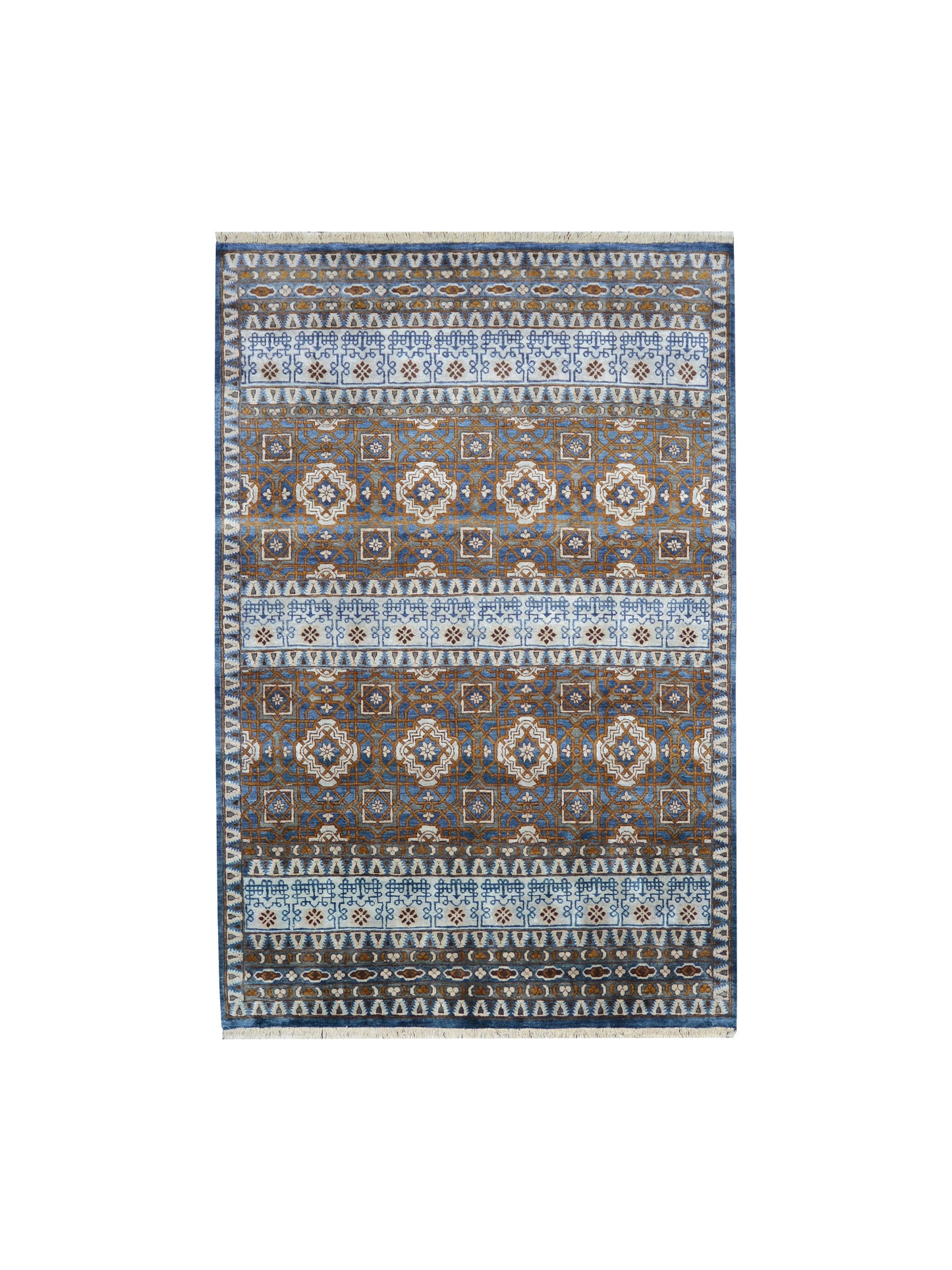 Navy Blue and Ivory Pure Silk Transitional Handknotted Area Rug 6x8.10ft 183X269Cms