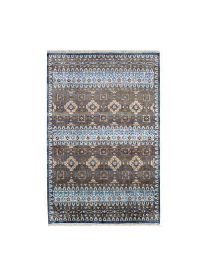 Navy Blue and Ivory Pure Silk Transitional Handknotted Area Rug 6x8.10ft 183X269Cms