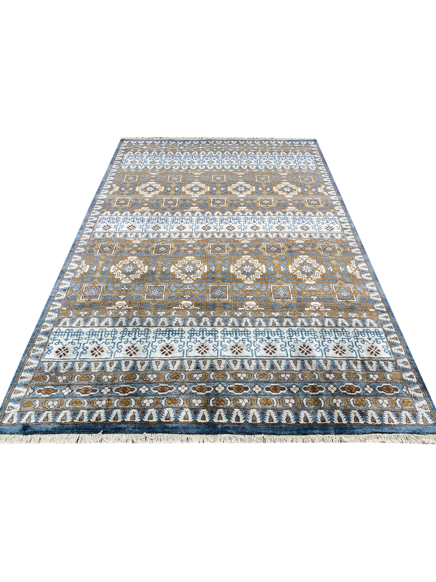 Navy Blue and Ivory Pure Silk Transitional Handknotted Area Rug 6x8.10ft 183X269Cms