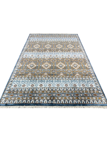 Navy Blue and Ivory Pure Silk Transitional Handknotted Area Rug 6x8.10ft 183X269Cms