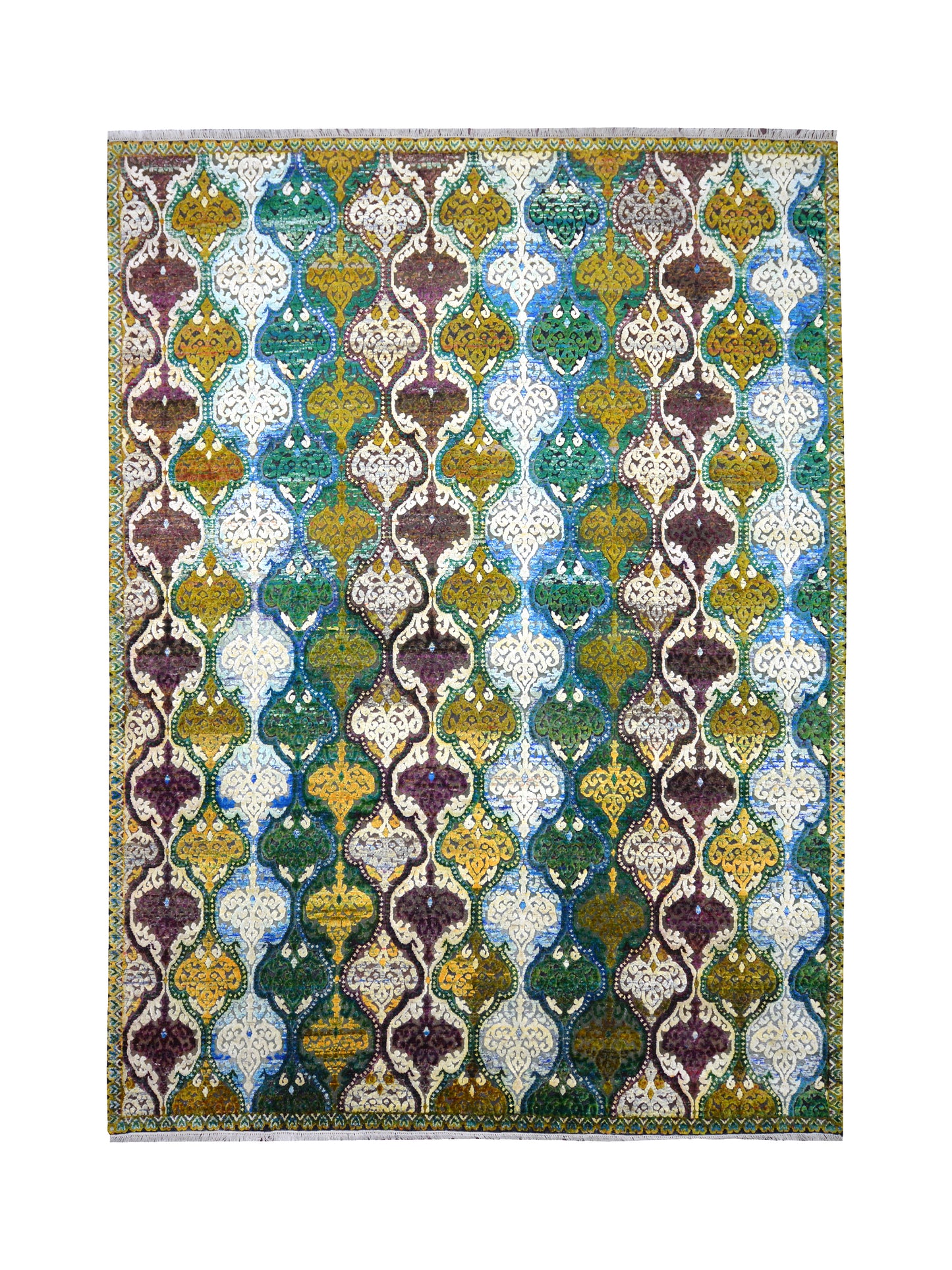 Wazir Damask Blue, Ivory, Green and Multy Transitional Sari Silk and Wool Handknotted Area Rug