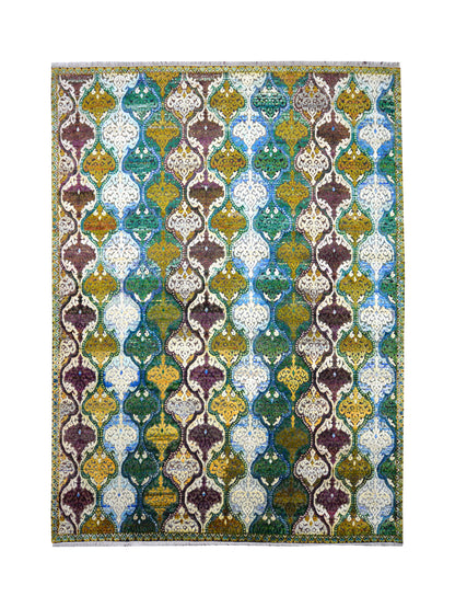 Wazir Damask Blue, Ivory, Green and Multy Transitional Sari Silk and Wool Handknotted Area Rug