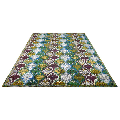 Wazir Damask Blue, Ivory, Green and Multy Transitional Sari Silk and Wool Handknotted Area Rug