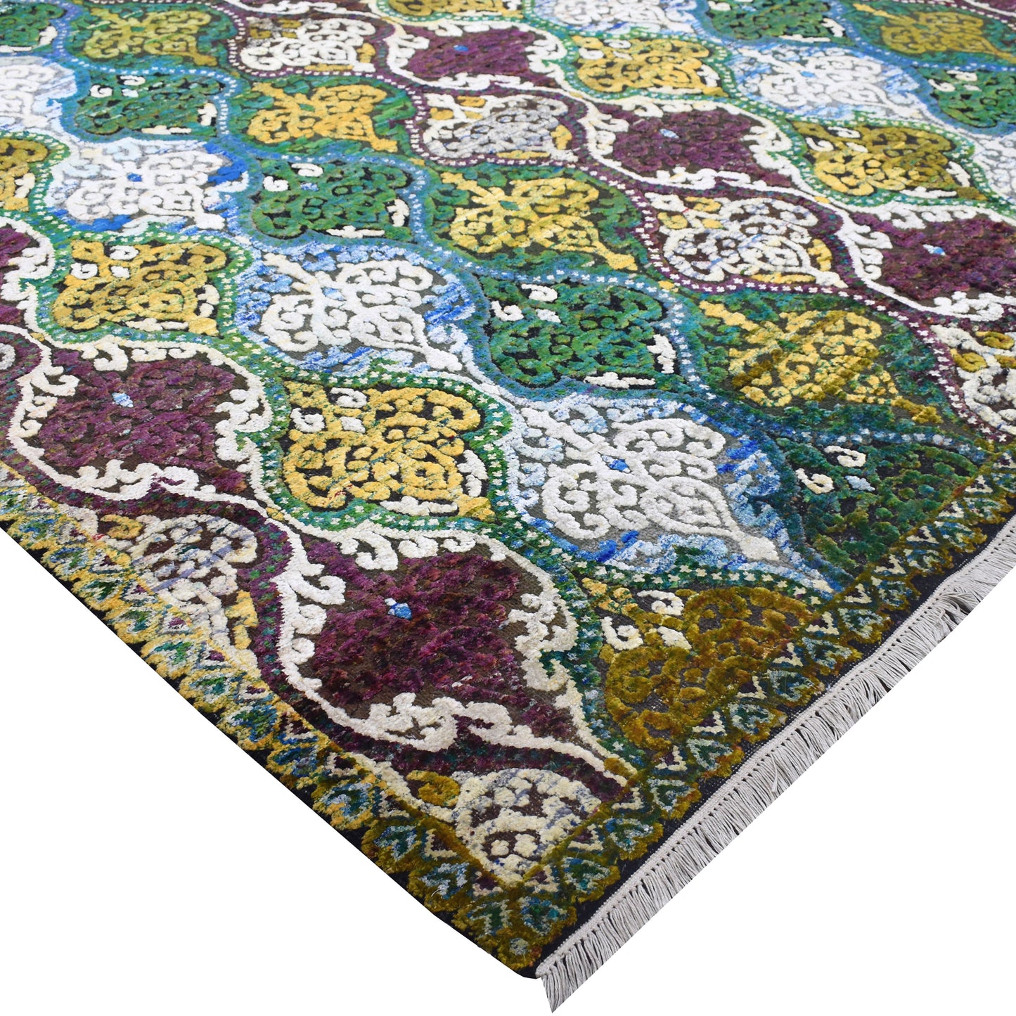 Wazir Damask Blue, Ivory, Green and Multy Transitional Sari Silk and Wool Handknotted Area Rug