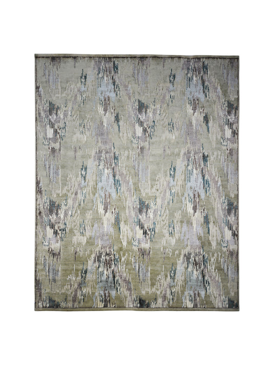 Mustard Green and Ivory Transitional Ikat Handknotted Area Rug