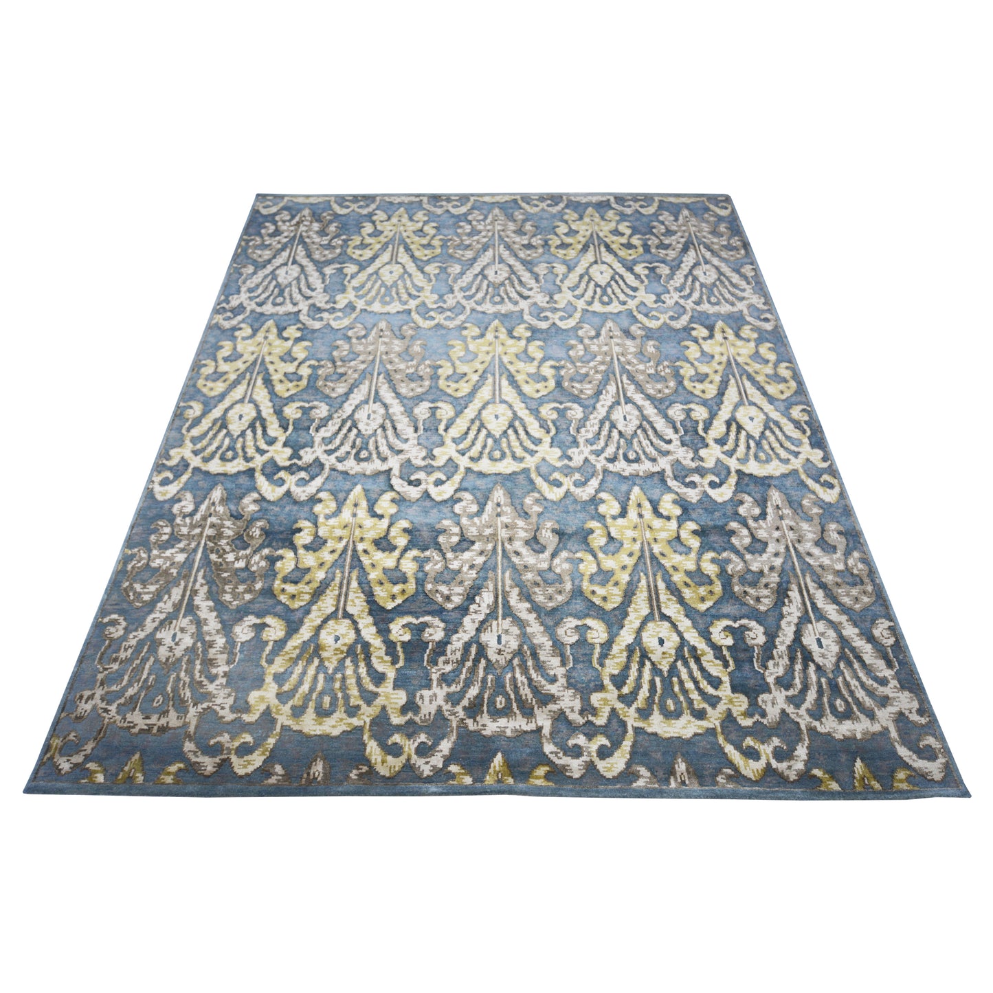 Allegra Blue, Ivory, Mustard and brown Transitional Ikat Handknotted Area Rug