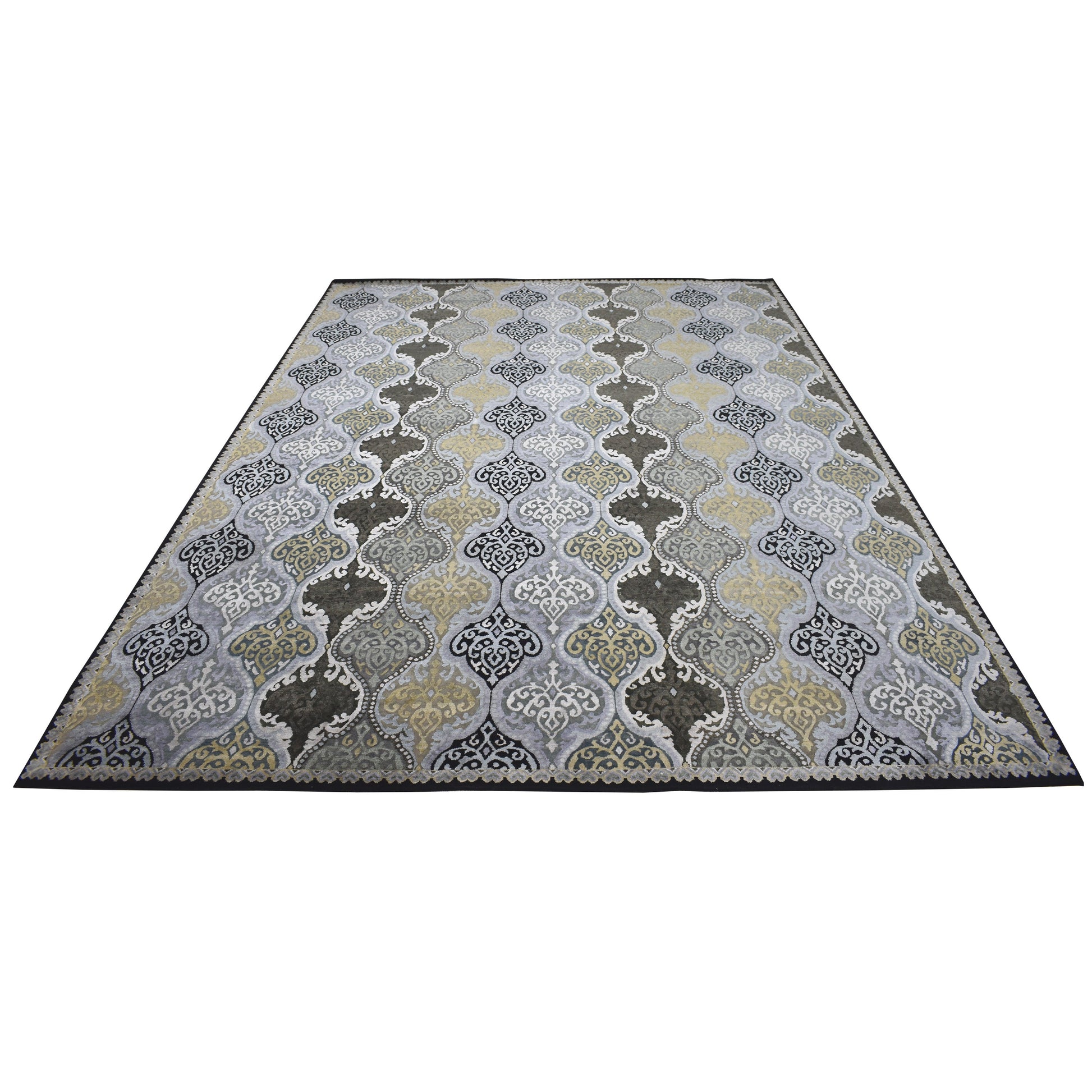 Get trendy with Wazir Damask Blue, Black and Multy Silk and Wool Transitional Handknotted Area Rug - Transitional Rugs available at Jaipur Oriental Rugs. Grab yours for $5860.00 today!