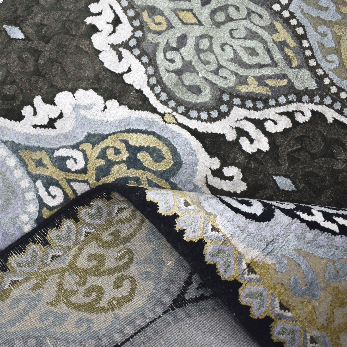Get trendy with Wazir Damask Blue, Black and Multy Silk and Wool Transitional Handknotted Area Rug - Transitional Rugs available at Jaipur Oriental Rugs. Grab yours for $5860.00 today!