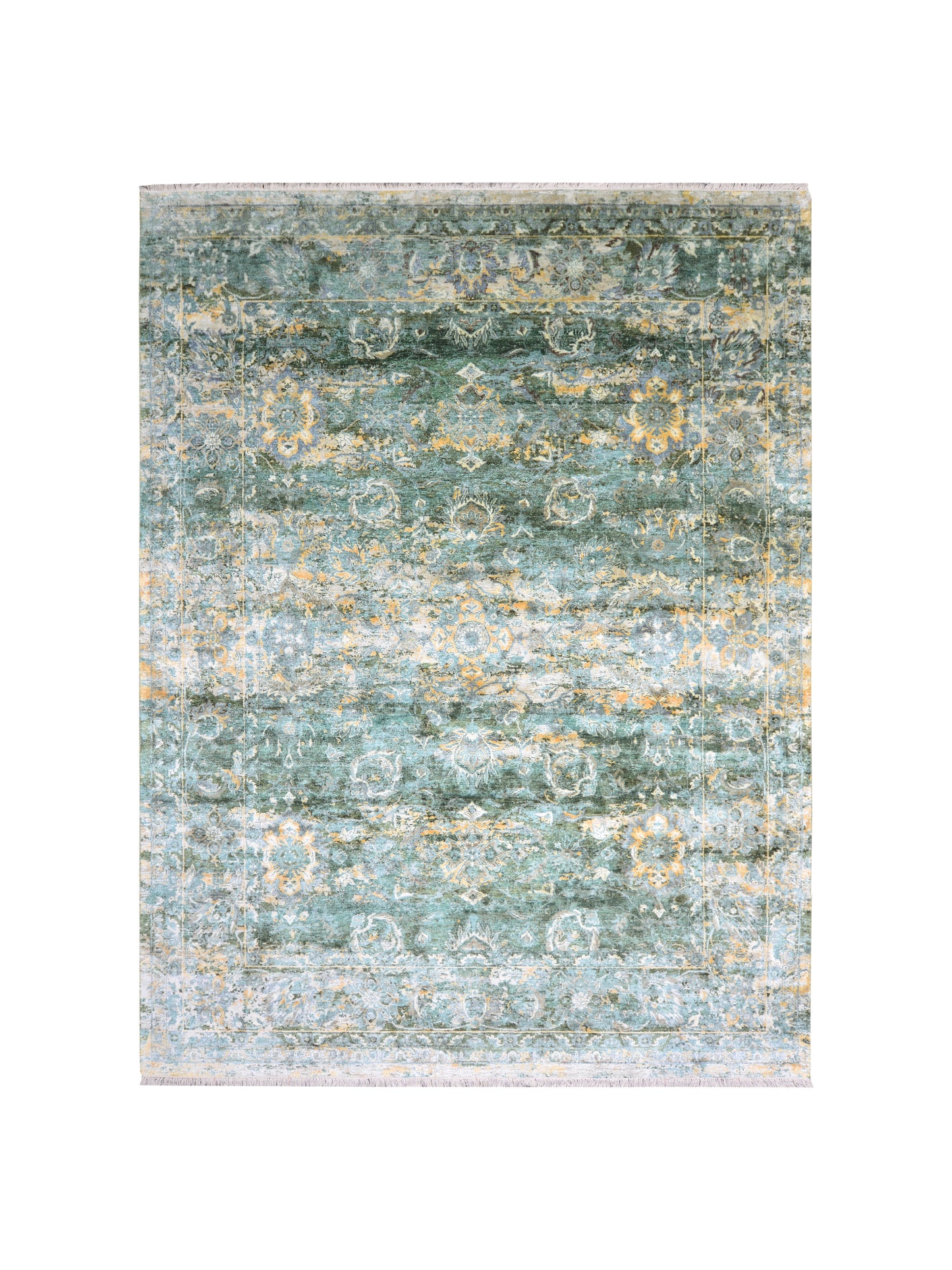 Green, Gold and Ivory Pure Silk Transitional Persian Handknotted 9.1x12.2ft 278x370Cms Area Rug