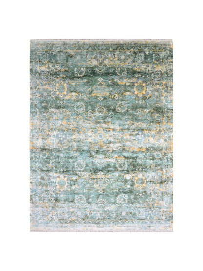 Green, Gold and Ivory Pure Silk Transitional Persian Handknotted 9.1x12.2ft 278x370Cms Area Rug