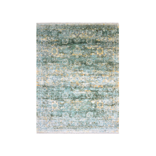 Green, Gold and Ivory Pure Silk Transitional Persian Handknotted 9.1x12.2ft 278x370Cms Area Rug