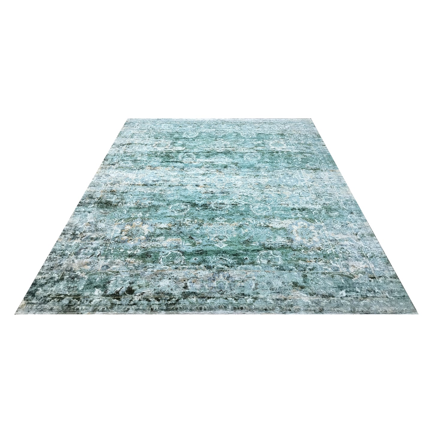 Green, Gold and Ivory Pure Silk Transitional Persian Handknotted 9.1x12.2ft 278x370Cms Area Rug