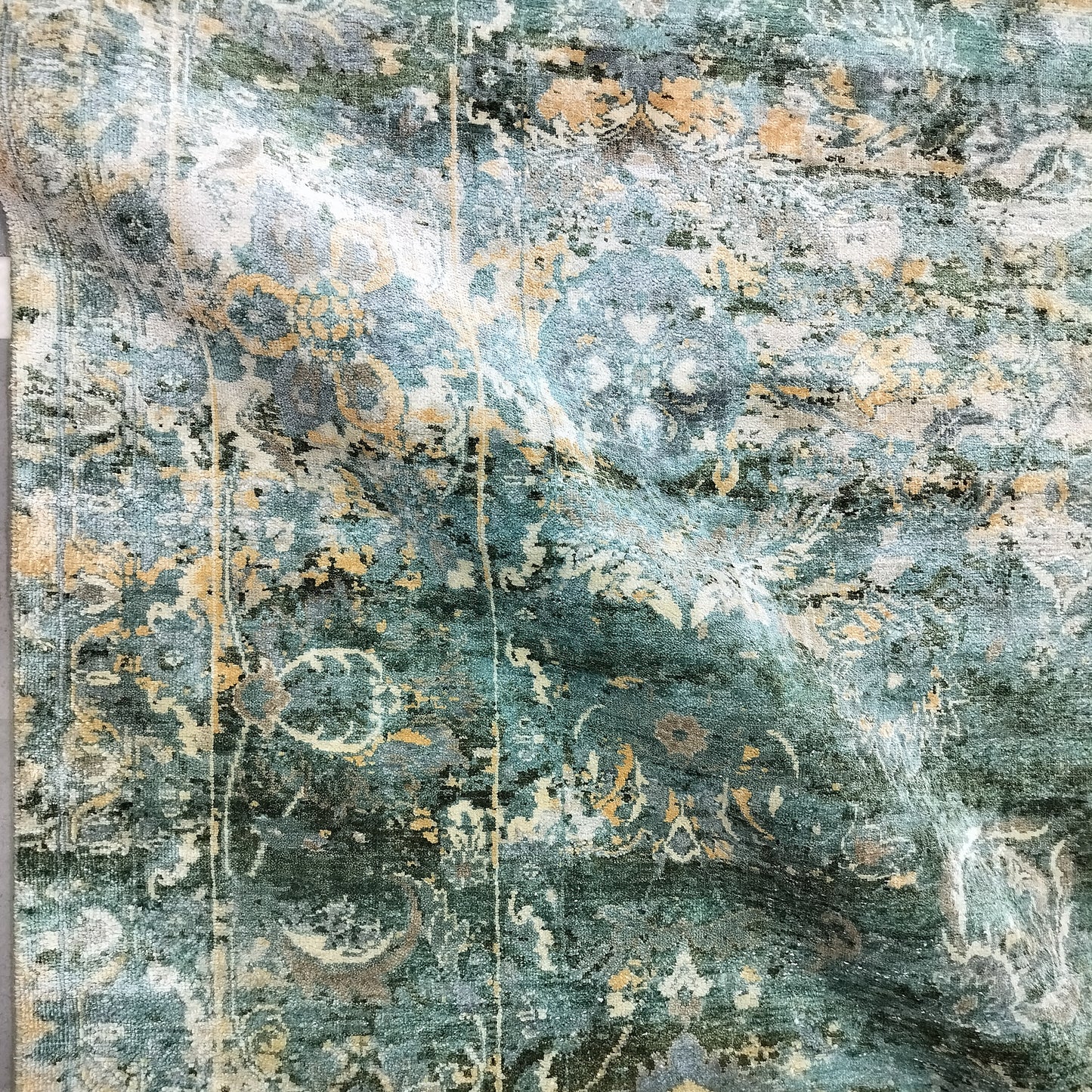 Green, Gold and Ivory Pure Silk Transitional Persian Handknotted 9.1x12.2ft 278x370Cms Area Rug