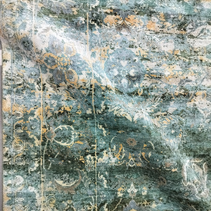 Green, Gold and Ivory Pure Silk Transitional Persian Handknotted 9.1x12.2ft 278x370Cms Area Rug