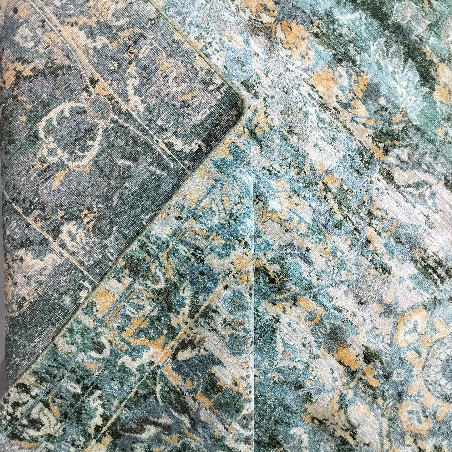 Green, Gold and Ivory Pure Silk Transitional Persian Handknotted 9.1x12.2ft 278x370Cms Area Rug