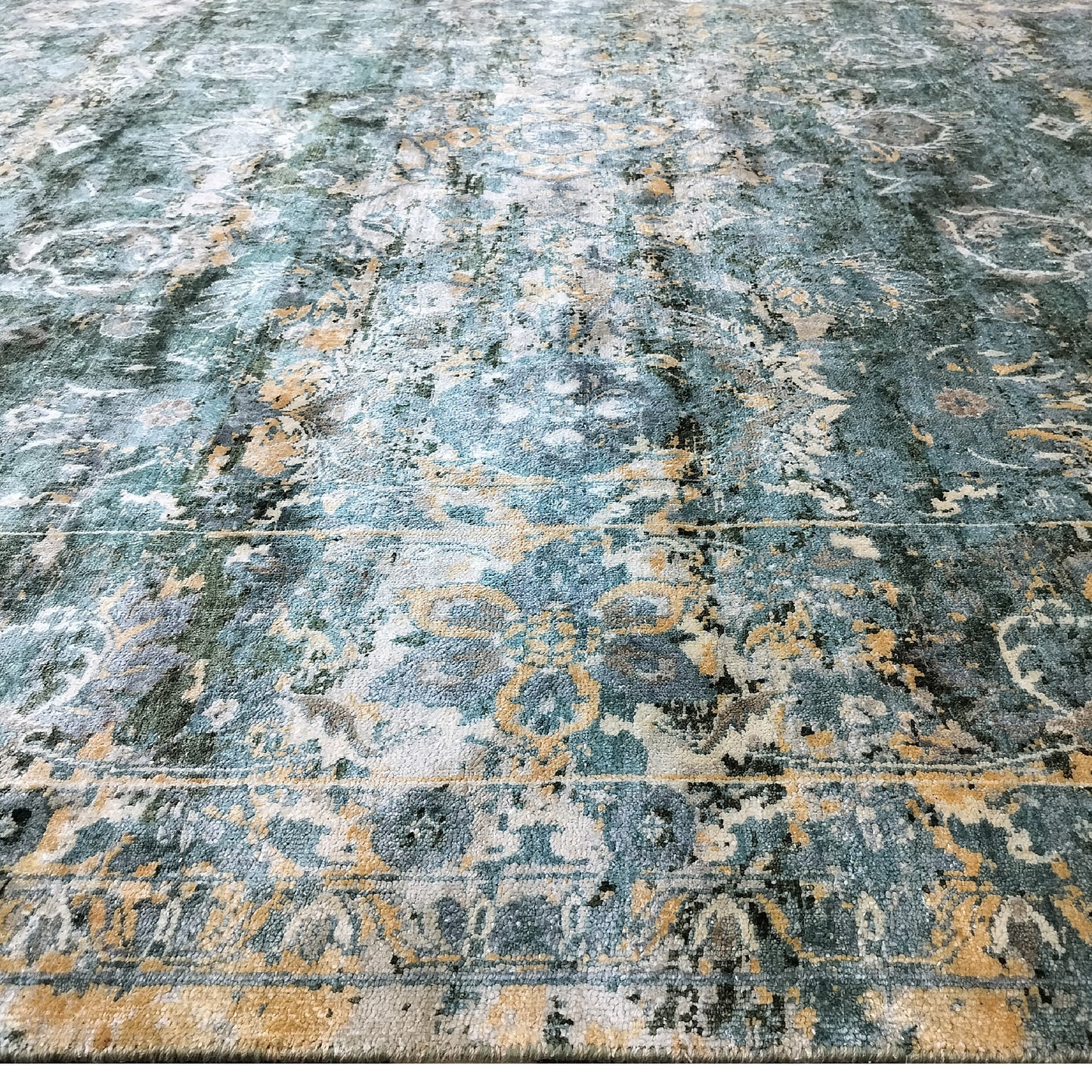 Green, Gold and Ivory Pure Silk Transitional Persian Handknotted 9.1x12.2ft 278x370Cms Area Rug