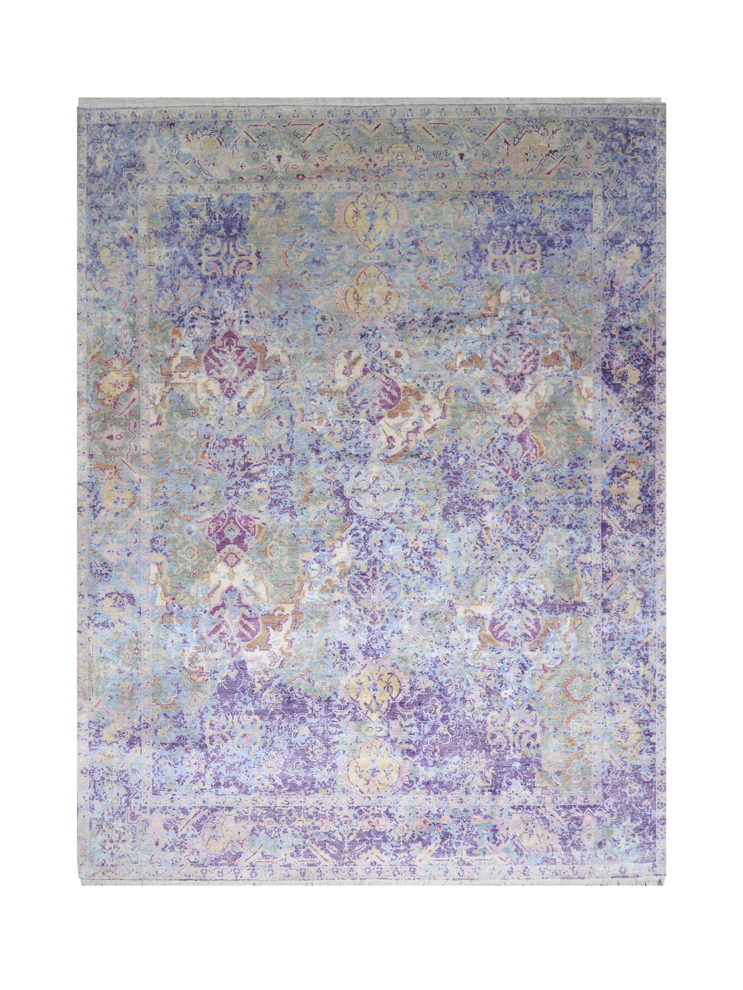 Grey and Lavender Silk Persian Erased Traditional Handknotted 9.3x12.1ft 282x369Cms Area Rug