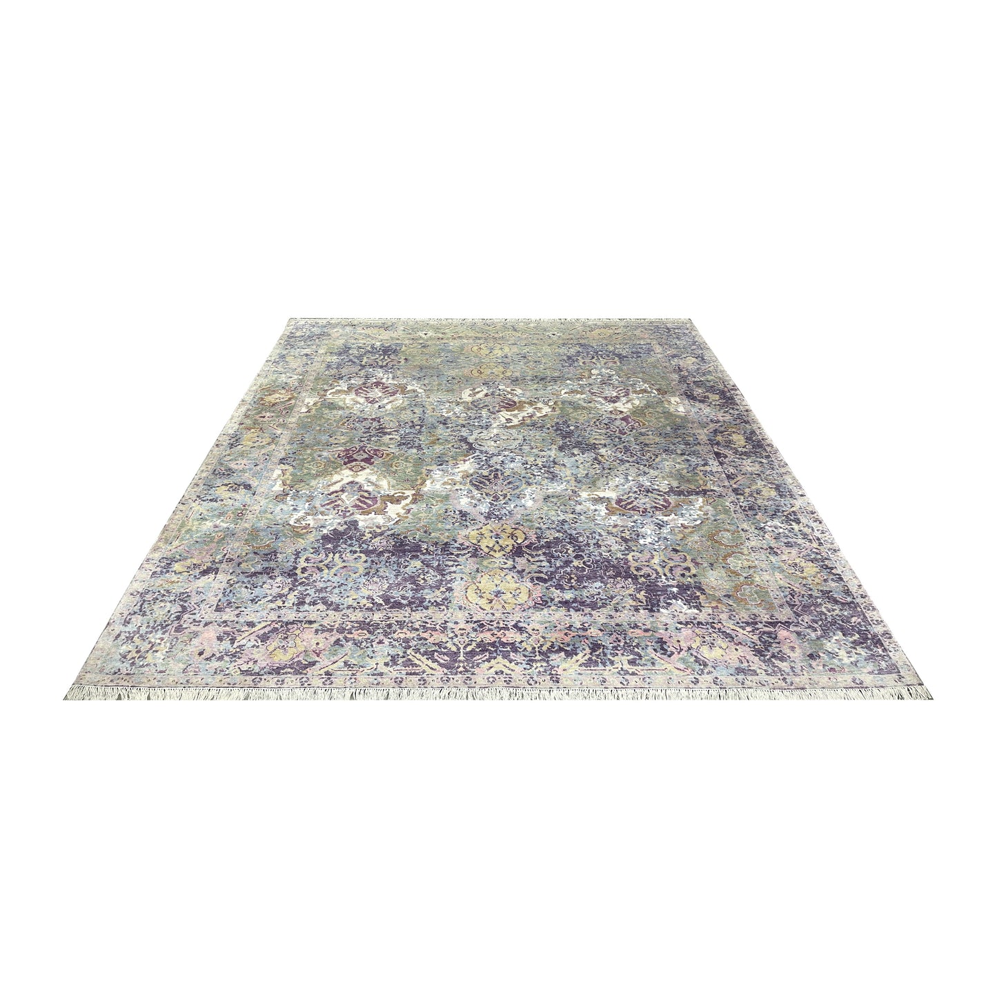 Grey and Lavender Silk Persian Erased Traditional Handknotted 9.3x12.1ft 282x369Cms Area Rug