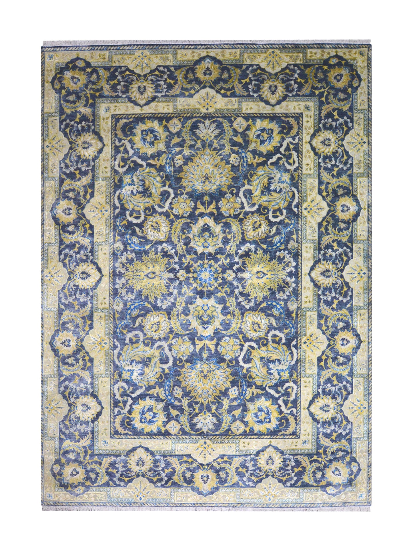 Navy Blue and Gold Silk and Wool Oxidized Persian Traditional Handknotted 9.11x14.2ft 304x431Cms Area Rug