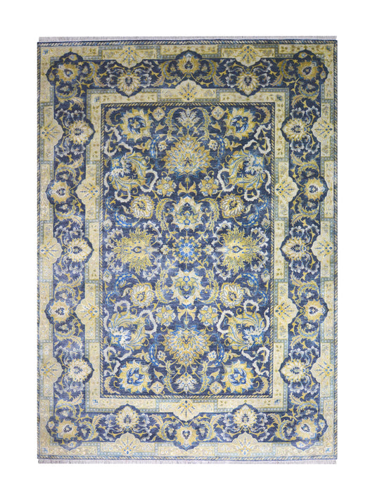 Navy Blue and Gold Silk and Wool Oxidized Persian Traditional Handknotted 9.11x14.2ft 304x431Cms Area Rug