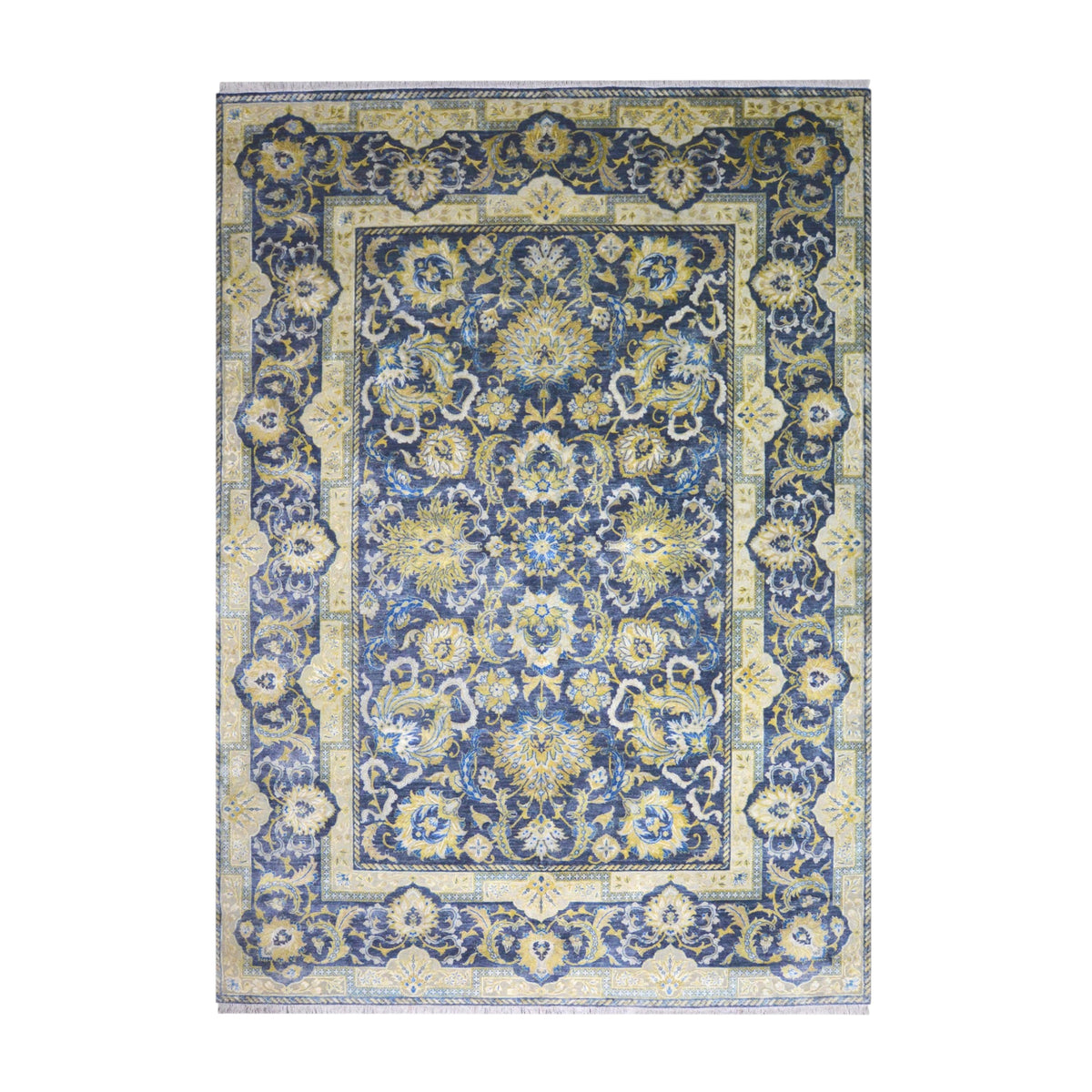 Navy Blue and Gold Silk and Wool Oxidized Persian Traditional Handknotted 9.11x14.2ft 304x431Cms Area Rug