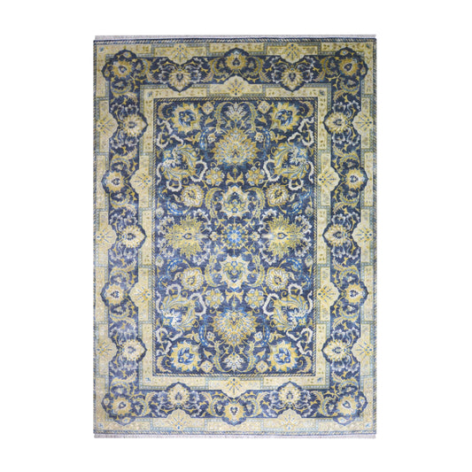Navy Blue and Gold Silk and Wool Oxidized Persian Traditional Handknotted 9.11x14.2ft 304x431Cms Area Rug
