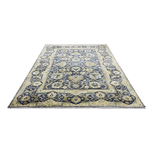 Navy Blue and Gold Silk and Wool Oxidized Persian Traditional Handknotted 9.11x14.2ft 304x431Cms Area Rug