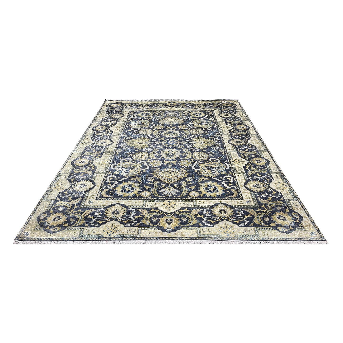 Navy Blue and Gold Silk and Wool Oxidized Persian Traditional Handknotted 9.11x14.2ft 304x431Cms Area Rug