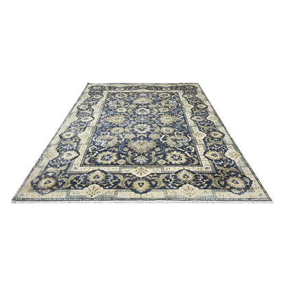 Navy Blue and Gold Silk and Wool Oxidized Persian Traditional Handknotted 9.11x14.2ft 304x431Cms Area Rug