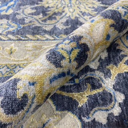 Navy Blue and Gold Silk and Wool Oxidized Persian Traditional Handknotted 9.11x14.2ft 304x431Cms Area Rug