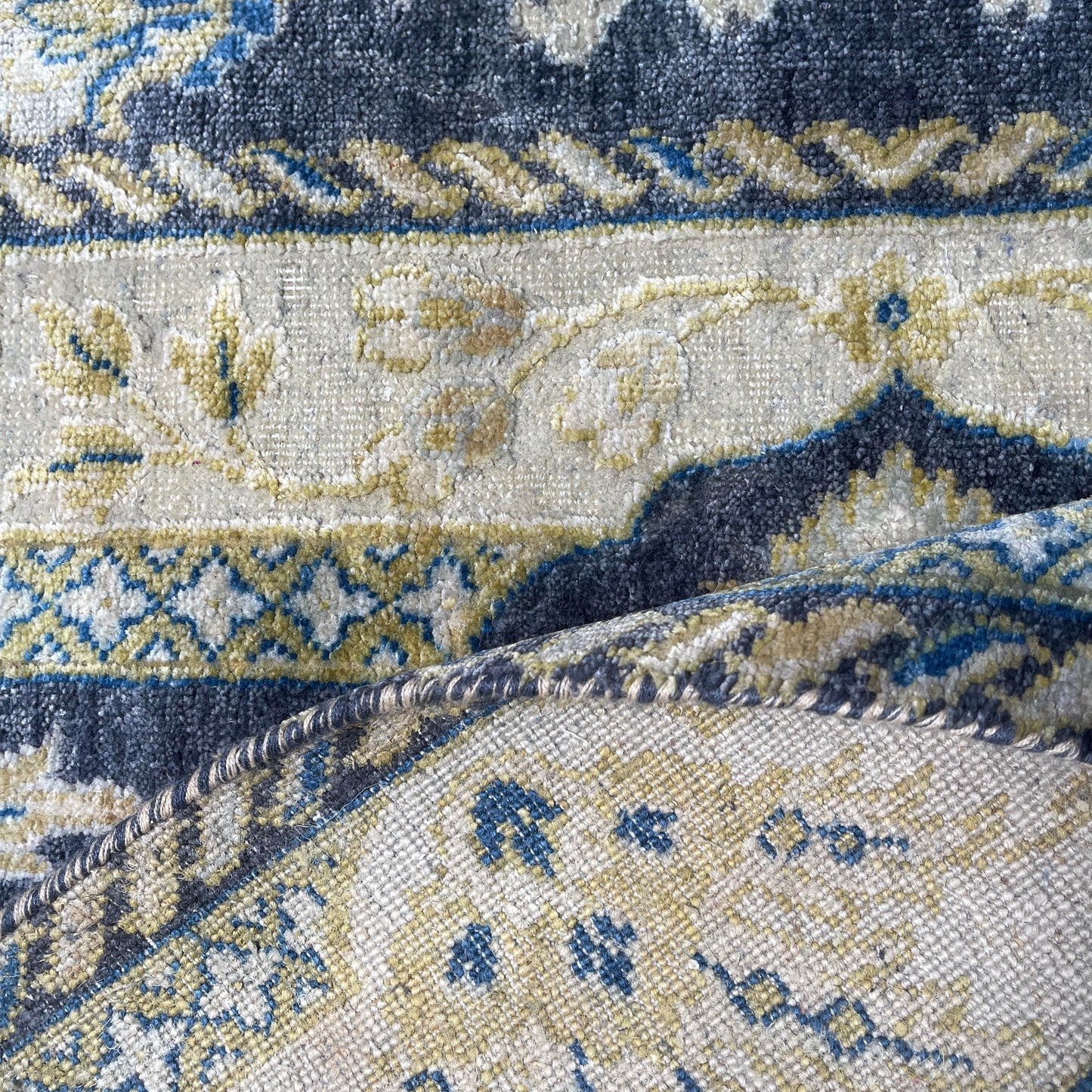 Navy Blue and Gold Silk and Wool Oxidized Persian Traditional Handknotted 9.11x14.2ft 304x431Cms Area Rug