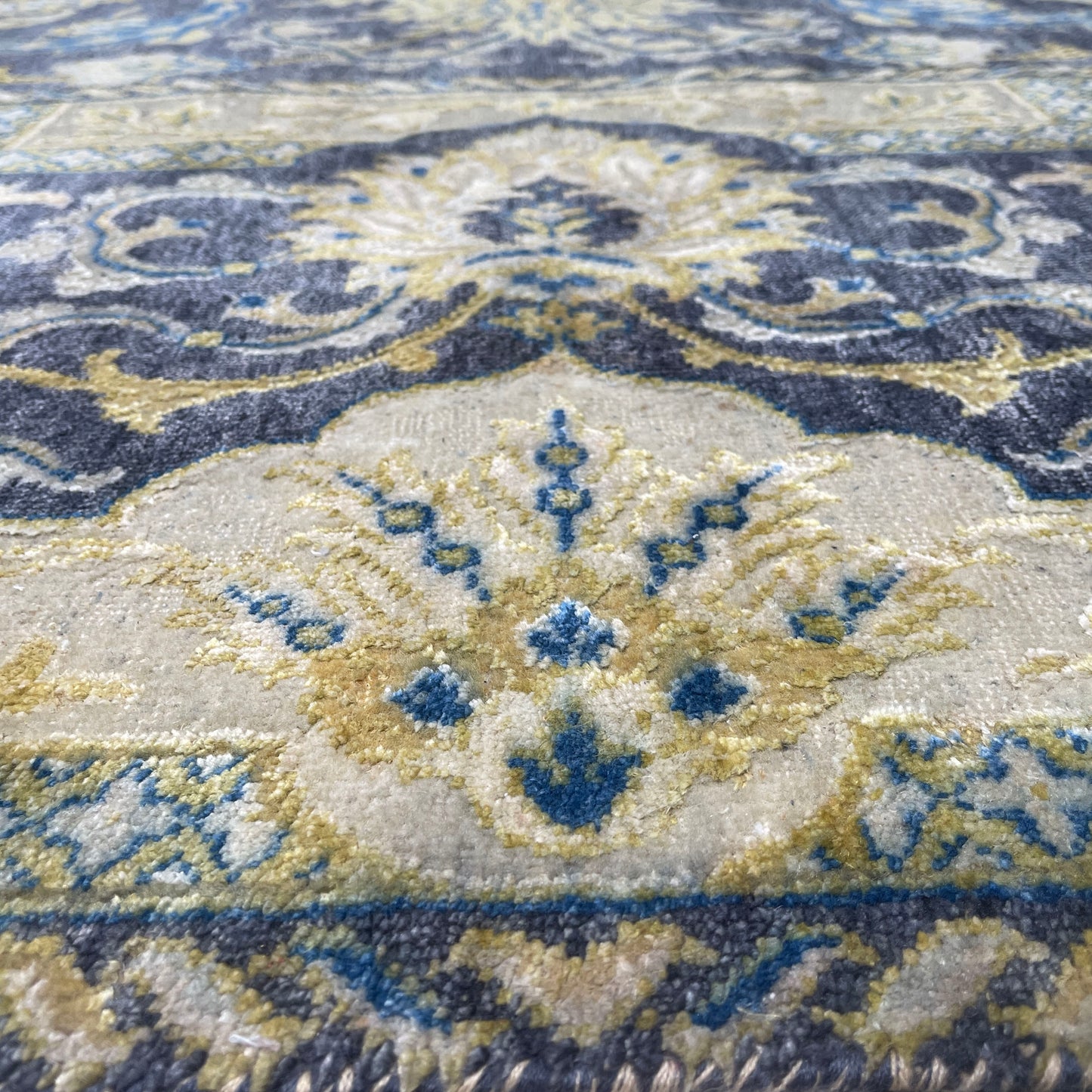 Navy Blue and Gold Silk and Wool Oxidized Persian Traditional Handknotted 9.11x14.2ft 304x431Cms Area Rug