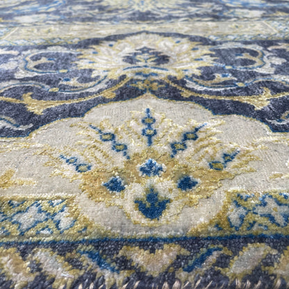 Navy Blue and Gold Silk and Wool Oxidized Persian Traditional Handknotted 9.11x14.2ft 304x431Cms Area Rug