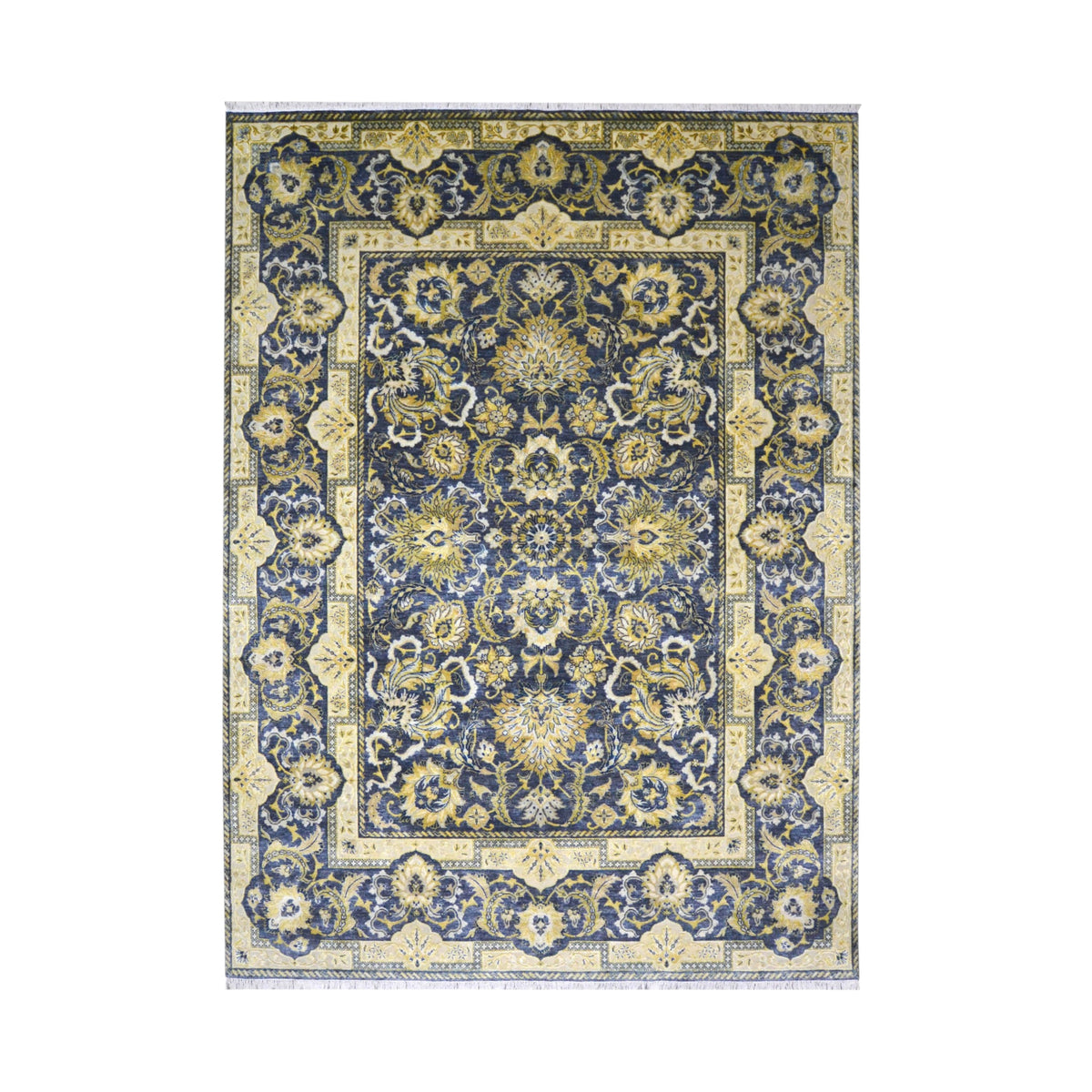 Navy Blue and Gold Silk and Wool Oxidized Persian Traditional Handknotted 9.0x12.5ft 274x377Cms Area Rug