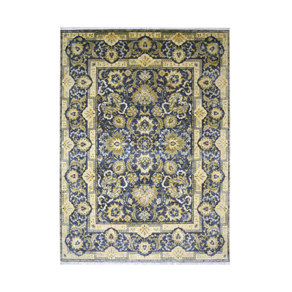 Navy Blue and Gold Silk and Wool Oxidized Persian Traditional Handknotted 9.0x12.5ft 274x377Cms Area Rug