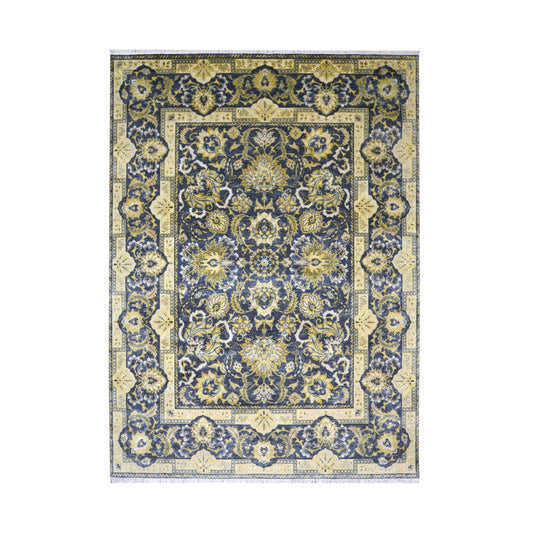 Navy Blue and Gold Silk and Wool Oxidized Persian Traditional Handknotted 9.0x12.5ft 274x377Cms Area Rug